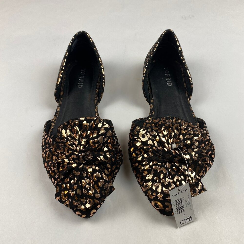 NWT Torrid Flats Black Metallic Gold Bow Leopard Print Shoes Women's Size 8WW - Picture 1 of 11